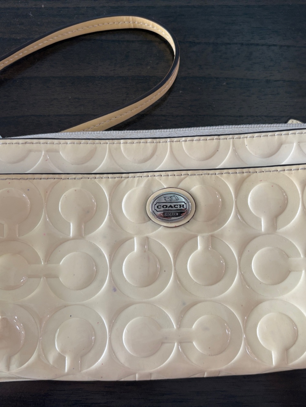 Coach Cream Patent Leather Wristlet with Signature C Emboss